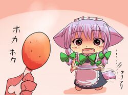  1girl akisame_ruu animal_ears apron blue_dress boned_meat braid chibi dog_ears dog_tail dress fang food hair_ribbon inu_sakuya izayoi_sakuya maid maid_headdress meat open_mouth pink_hair plate red_eyes ribbon tail tail_wagging the_embodiment_of_scarlet_devil touhou twin_braids 