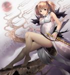  bare_shoulders barefoot breasts brown_hair dragon full_moon legs moon original red_eyes red_moon shijima_(tanfn) short_hair solo sword weapon 