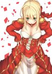  ahoge blonde_hair breasts cleavage dress epaulettes fate/extra fate_(series) green_eyes hair_ribbon hands_on_hips highres leaning_forward open_mouth red_dress ribbon saber_extra see-through short_hair solo yukityasoba 