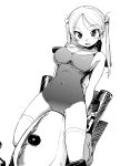  bakuon!! bell breasts exhaust hair_bell hair_ornament highres large_breasts monochrome motor_vehicle motorcycle navel one-piece_swimsuit orimoto_mimana solo suzuki suzuki_katana suzunoki_rin swimsuit thigh-highs thighhighs twintails vehicle 