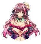  artist_request bare_shoulders breasts bust central_opening cleavage cleavage_cutout copyright_request detached_collar hair_intakes headset heart heart_cleavage_cutout heart_cutout long_hair looking_at_viewer md5_mismatch pink_hair q_azieru red_eyes ribbon simple_background smile solo white_background 
