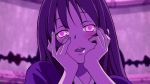  akiyama_mio blush hands_on_own_cheeks hands_on_own_face k-on! long_hair open_mouth parody pink_eyes portrait purple purple_background purple_skin solo yandere_trance 