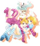 2girls alice_(wonderland) alice_in_wonderland animal_ears bunny_ears bunny_tail cat_ears cat_tail cheshire_cat chibi dress falling fang floating_hair hair_ribbon hatsune_miku kagamine_len kagamine_rin kneehighs mary_janes multiple_girls open_mouth panties ribbon shima_riu shoes smile striped striped_legwear tail twintails underwear vocaloid white_rabbit 
