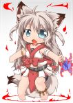 animal_ears belt blue_eyes chibi fang fire flame fox_ears fox_tail highres kuroneko_liger long_hair midriff navel open_mouth original outstretched_arms sash shirt side_ponytail silver_hair skirt solo tail 