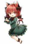  :3 ahoge animal_ears braid cat_ears cat_tail chibi dress fang green_dress hair_ribbon kaenbyou_rin kanzaki_maguro looking_at_viewer multiple_tails open_mouth paw_pose red_eyes red_hair redhead ribbon simple_background smile solo tail touhou twin_braids 
