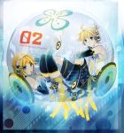  1girl aqua_eyes arm_warmers blonde_hair blue_eyes brother_and_sister detached_sleeves hair_ornament hair_ribbon hairclip headphones in_container kagamine_len kagamine_len_(append) kagamine_rin kagamine_rin_(append) kumaru leg_warmers ribbon short_hair shorts siblings sitting smile twins vocaloid vocaloid_append 