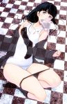  bad_id bare_shoulders black_hair black_legwear black_panties blood blue_eyes checkered checkered_floor flat_chest kneehighs long_hair looking_at_viewer lying masao mouth_hold no_shoes on_back one-piece_swimsuit original panties solo swimsuit tissue transparent underwear 