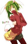  animal_ears bunny_ears bunny_tail casual character_name green_eyes green_hair gumi highres jpeg_artifacts kantoku_(pixiv) kemonomimi_mode legwear_under_shorts pantyhose short_hair shorts simple_background solo tail vocaloid white_background 