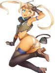  1girl :d absurdres arm_up armlet armpits ass ataruman black_legwear blonde_hair blue_eyes boots breasts dark_skin gloves hairband heterochromia high_heel_boots high_heels highres long_hair midriff open_mouth personification see-through shading_eyes simple_background smile solo tail thigh-highs thigh_boots tubetop twintails under_boob white_background yellow_eyes 
