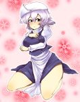  1girl blush breasts dress harusame_(unmei_no_ikasumi) hat lavender_hair letty_whiterock open_mouth purple_eyes seiza short_hair sitting solo touhou violet_eyes 