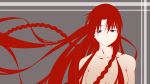  blue_eyes braid breasts bust character_name collarbone highres hong_meiling long_hair monochrome niwatazumi no_hat no_headwear nude red red_hair redhead solo spot_color touhou twin_braids 