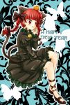  animal_ears bell blush bow braid butterfly cat_ears cat_tail dress extra_ears fang food fruit hair_bow jingle_bell kaenbyou_rin mandarin_orange mikan multiple_tails new_year no_socks red_eyes red_hair redhead sitting smile solo tail touhou twin_braids twintails yamisawa 