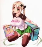  1girl black_legwear blonde_hair breasts cameo computer eroge green_eyes highres kneeling large_breasts long_hair looking_at_viewer mascot nitroplus omputer ooji original ponytail raglan_sleeves seiza sitting skirt solo super_sonico t-shirt taut_shirt thighhighs tsukumo-tan twintails very_long_hair vlh zettai_ryouiki 