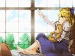  alice_margatroid alice_margatroid_(pc-98) barefoot bed blonde_hair doll_hug dress feet hair_ribbon hairband highres maimai11 outstretched_hand ribbon short_hair sitting skirt solo stuffed_animal stuffed_toy teddy_bear toes touhou touhou_(pc-98) yellow_eyes 