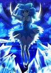  arm_behind_back barefoot blue blue_eyes blue_hair bow cirno crystal dress hair_bow highres ice lake looking_at_viewer night short_hair sky smile snowflakes solo star_(sky) starry_sky touhou water wings yrzirst 