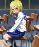  blonde blonde_hair blush chair classroom desk highres looking_at_viewer onanie_master_kurosawa school_uniform serafuku sitting skirt skirt_tug solo sugawa_maiko windtalker yellow_eyes 
