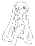  detached_sleeves hands_on_own_cheeks hands_on_own_face hatsune_miku kit_(studio) lineart long_hair monochrome panties skirt smile solo twintails underwear very_long_hair vocaloid 
