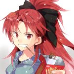  bow bust grin hair_bow long_hair looking_at_viewer lowres mahou_shoujo_madoka_magica mouth_hold pocky ponytail red_eyes red_hair redhead sakura_kyouko smile solo sooya wide_ponytail 