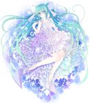  aqua_eyes aqua_hair bow dress frills gathers hair_bow hatsune_miku long_hair nozomi_fuuten shoes smile solo twintails very_long_hair vocaloid white_dress 