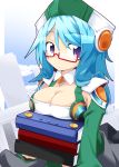  blue_eyes blue_hair blue_sky book breast_rest breasts cardfight!!_vanguard carried_breast_rest carrying cleavage cleavage_cutout cloud glasses hat long_hair looking_at_viewer pillar reku shirt silent_sage_sharon skirt sky solo 