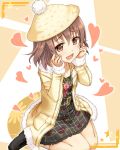  :d blush brown_eyes brown_hair dress drooling hands_on_own_cheeks hands_on_own_face hat heart heart-shaped_pupils idolmaster idolmaster_cinderella_girls jewelry kita_hinako komore necklace open_mouth saliva sitting smile solo symbol-shaped_pupils wariza 