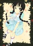  akiyama_mio black_eyes black_hair blush braid hair_ribbon hand_on_knee k-on! k-on!_movie kneehighs long_hair mizuki_makoto petals ribbon shoes singing! smile sneakers solo twin_braids twintails white_legwear 