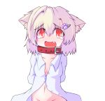  animal_ears breasts collar copyright_request dog_ears fang lunarcat nude red_eyes shirt simple_background solo tears tsukineko_noel 