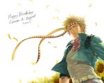  1boy blonde_hair caesar_anthonio_zeppeli character_name dated facial_mark fingerless_gloves flower gloves green_eyes green_jacket happy_birthday headband jacket jojo_no_kimyou_na_bouken petals realistic scarf solo sunflower yamu1620 