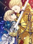  1girl ahoge armor armored_dress blonde_hair chain chains dangerous_couple dress earrings excalibur fate/stay_night fate/zero fate_(series) gauntlets gilgamesh green_eyes hair_ribbon highres jewelry male red_eyes ribbon saber short_hair shuryougospel13 solo sword weapon 