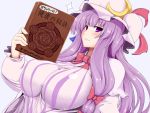  arm_up blush book breasts capelet crescent dress hair_ribbon hat holding_up large_breasts long_hair magic_circle oisinbou patchouli_knowledge purple_dress purple_eyes purple_hair ribbon smile solo striped striped_dress touhou translation_request violet_eyes 