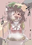  abuse animal_ears bow brown_hair cat's_tongue cat_ears chen chopsticks commentary feeding food force_feeding gag gagged gaoo_(frpjx283) hand_on_head hat oden open_mouth red_eyes ring_gag saliva solo spider_gag tears touhou trembling 