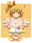  ? blush breast_squeeze breasts choker cleavage collarbone cure_pine double_v earrings fresh_precure! hair_ornament hokuto_(tokuho) jewelry large_breasts orange_eyes orange_hair precure side_ponytail simple_background solo sweatdrop v yamabuki_inori 