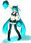  absurdres aqua_eyes aqua_hair arm_up armband belt boots breasts cheerleader cleavage hand_on_hip hatsune_miku highres hips knee_boots long_hair midriff navel noraneko pigeon-toed pom_poms short_shorts shorts solo thigh-highs thighhighs twintails very_long_hair vocaloid 
