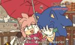  1boy 1girl amy_rose blush bukiko facepalm heart microphone snow sonic sonic_the_hedgehog special_feeling_(meme) translation_request umbrella 