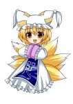 :d animal_ears asahana_jun blonde_hair blush chibi fox_tail hands_in_sleeves hat looking_at_viewer multiple_tails open_mouth short_hair simple_background smile solo tail touhou yakumo_ran yellow_eyes 