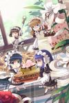  &gt;_&lt; ahoge apron artist_request bangs black_hair blue_eyes blue_hair blunt_bangs bow bowl brown_hair chibi chief_maid cup dress flower fork frilled_dress frills glasses holding holding_fork leaf lowres maid maid_headdress mary_janes minigirl multiple_girls new_maid open_mouth orchid plaid plate pointing purple_hair ribbon shoes smile sparkle standing star sugar_cube sunflower swept_bangs sword_girls teacup teeth vase window 