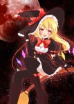  alternate_costume black_dress black_gloves black_legwear blonde_hair blush boots bow broom broom_riding dress elbow_gloves fang flandre_scarlet full_moon gloves hand_on_hat hat hat_ribbon inanosuke moon night open_mouth red_eyes red_moon ribbon side_ponytail sitting smile solo star_(sky) the_embodiment_of_scarlet_devil thigh-highs thighhighs touhou wings witch witch_hat 