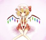  ascot between_legs blonde_hair blush bow breasts cleavage fang flandre_scarlet hand_between_legs hat highres knees_touching mugi_(banban53) navel open_clothes open_shirt red_eyes ribbon short_hair side_ponytail sitting skirt smile solo the_embodiment_of_scarlet_devil touhou wings 