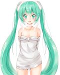  bare_shoulders blush green_eyes green_hair hatsune_miku highres long_hair open_mouth simple_background solo sweater twintails very_long_hair vocaloid weeeeen white_background 