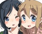  :d ;o bad_id black_eyes black_hair blonde_hair blue_eyes cheek-to-cheek extra eyebrows k-on! kotobuki_tsumugi long_hair multiple_girls open_mouth satou_akane smile sunameri_oishii sweater thick_eyebrows twintails wink 