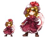  ayge blonde_hair boots dress dual_persona elly hat lowres pixel_art red_dress scythe short_hair simple_background touhou touhou_(pc-98) white_background yellow_eyes 