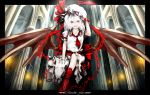  akihira_fujinohara arcade arm_up ascot bat_wings boots bow chain chains dress fangs frame hand_on_hat hat hat_bow hat_ribbon highres open_mouth pillar red_eyes remilia_scarlet ribbon sash short_hair silver_hair slit_pupils smile solo torch touhou white_dress wings wristband 