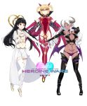 3girls :d black_hair boots bracelet breasts bridal_gauntlets cleavage copyright_name demon_horns demon_wings elbow_gloves english glasses gloves hand_on_own_chest heart heart_cutout heroine_wars highres horns jewelry lipstick long_hair low_wings makeup midriff mole multiple_girls navel open_mouth outstretched_arm outstretched_arms panties pointy_ears purple_panties sasamori_tomoe skirt smile tattoo thigh-highs thigh_boots tiara torn_clothes twintails under_boob underwear white_gloves white_legwear wings 
