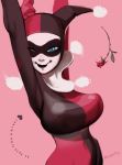  arms_up batman_(series) blue_eyes bodysuit breasts dc_comics domino_mask english female flower harley_quinn jester_cap large_breasts mask ricken rose signature simple_background smile solo wink 
