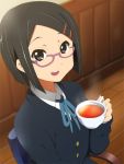 black_eyes black_hair cup glasses hatasuke k-on! okuda_nao school_uniform short_hair solo tea teacup 