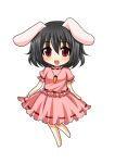  :d animal_ears asahana_jun barefoot black_hair blush bunny_ears carrot chibi dress inaba_tewi jewelry looking_at_viewer lowres necklace open_mouth red_eyes short_hair simple_background smile solo touhou 