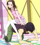  1girl all_fours araragi_koyomi arm_up armpits bakemonogatari blurry brown_eyes brown_hair camisole feet frilled_skirt hairband human_chair human_furniture legs monogatari_(series) naughty_face nisemonogatari on_back sengoku_nadeko short_hair smug thigh-highs thighhighs touryou twister zettai_ryouiki 