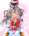  :d blush bow brooch closed_eyes embellished_costume eyes_closed hair_ribbon hat hat_ribbon ichimi jewelry magical_girl mononobe_no_futo open_mouth ponytail ribbon shirt silver_hair smile solo tabard touhou v_arms 