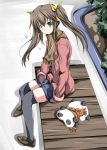  brown_hair gloves green_eyes hair_ribbon huang_lingyin infinite_stratos long_hair mister_(black_and_white) ribbon scarf sitting solo thigh-highs thighhighs twintails winter_clothes 