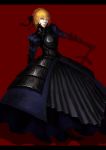  absurdres armor armored_dress blonde_hair blurry cmy dark_excalibur depth_of_field dress fate/stay_night fate/unlimited_codes fate_(series) faulds hair_ribbon highres letterboxed lips realistic red_background ribbon rough saber saber_alter simple_background solo sword weapon yellow_eyes 